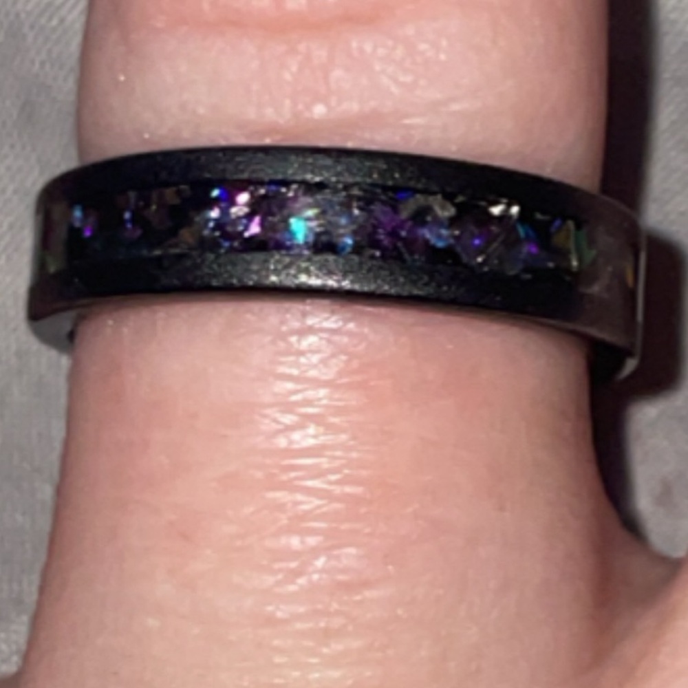 ZEUS FLAT NEBULA RING PURPLE- METEORITE AND OPAL- BLACK RING - Picture 3 of 5